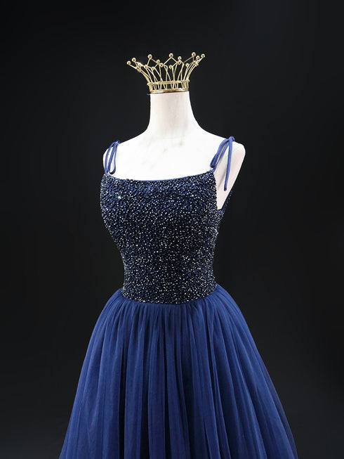 Navy Blue Wedding Dress - Sequin Evening Gown - Spaghetti Strap Dress with Lace-up Back Plus Size